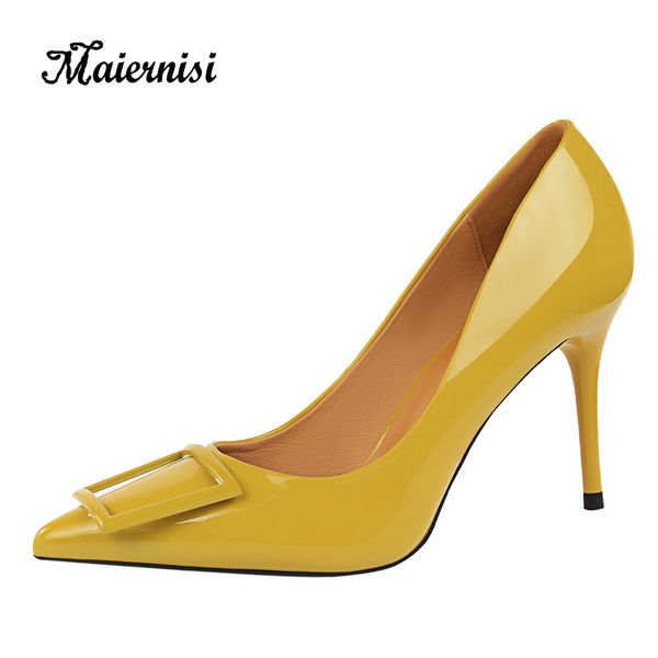 

maiernisi women pumps fashion ladies single shoes square buckle leisure thin heels stilettos pu leather office women shoes, Black