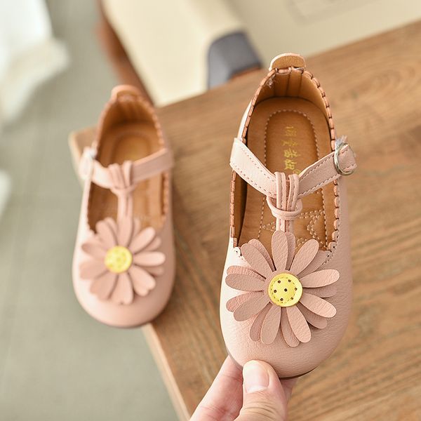 

kids princess leather shoes children casual shoes girls soft bottom with lovely sunflower moccasins buckle pink beige sm031, Black;grey