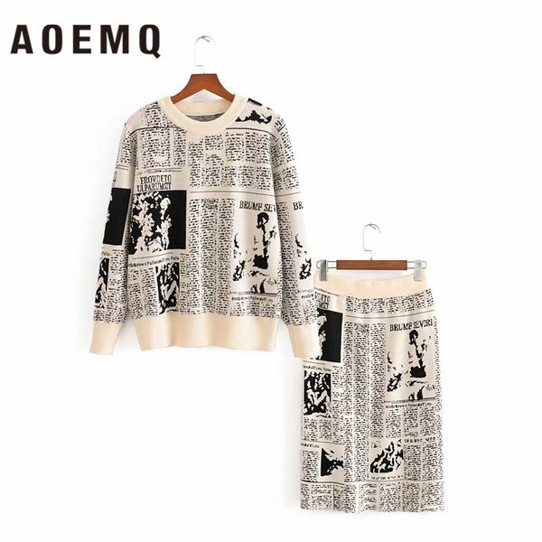 

aoemq fashion women sets vintage classic news pullover sweaters&skirts sets england modern office lady women clothing, White