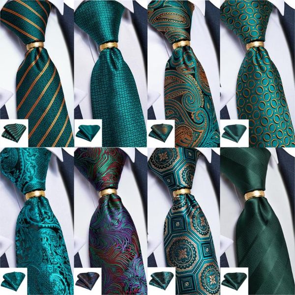 

dibangu men tie teal green striped paisley quality silk wedding tie for men ring hanky cufflink set business novelty design, Black;blue