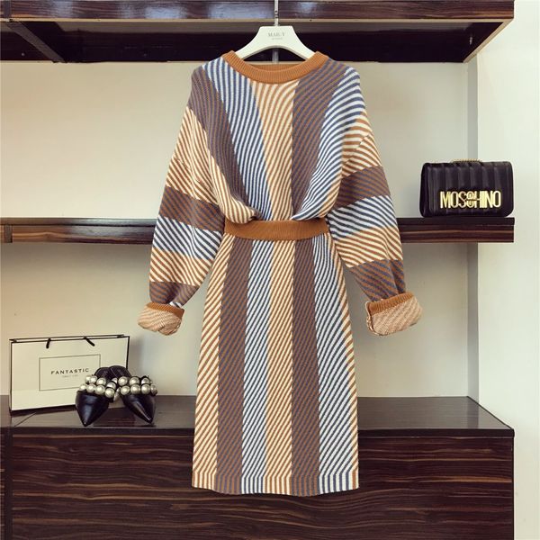 

women irregular striped knitted sweater pullovers+skirts 2 pieces sets casual cloth suits, White