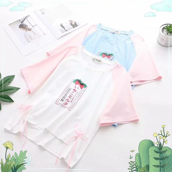 

japanese-style mori girl line 19 summer new style versatile artistic mixed colors sweet strawberry beverage short sleeve t-shirt, White