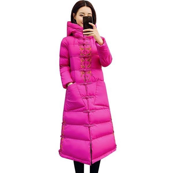 

new thick warm cotton outerwear hooded embroidery coats female retro long parkas 2019women's winter chinese style cotton jackets, Black