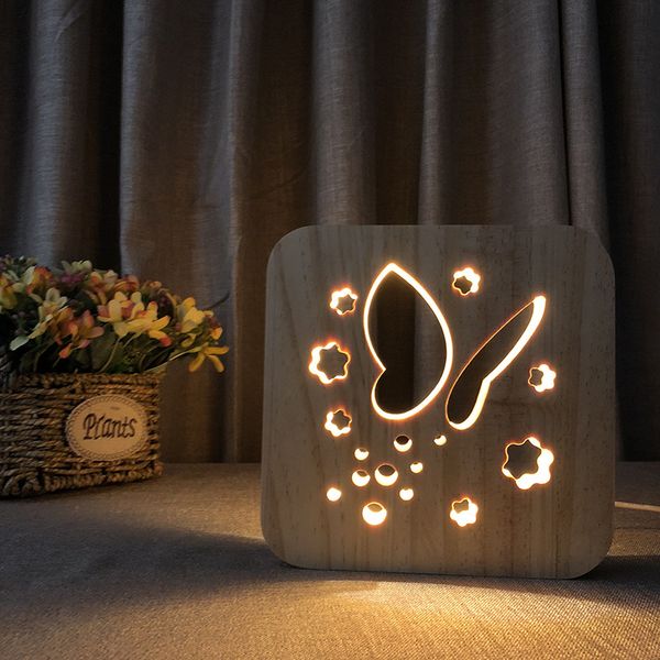 Креативная бабочка стола фонарь выдолбленная светодиодная ночная светлая теплая белая твердая древесина резьба бабочка ночная лампа