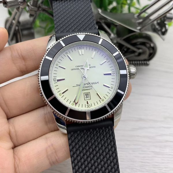 

the gift of time rotating case superocean automatic date mens watches luminescent white dial classic rubber wristwatches, Slivery;brown