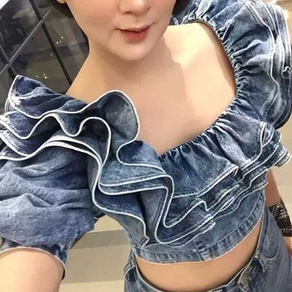 

женщины блуза дизайнер топы сборки denim crop топы женский puff площади рукава воротник рубашки sexy блуза женщин лето 2019 белье мода новый, White