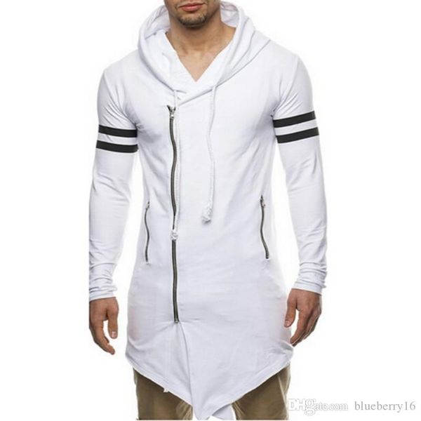 

asian size fashion men's long black asymmetry zipper hooded t shirt men's with side zip longline hip hop streetwear shirt, White;black