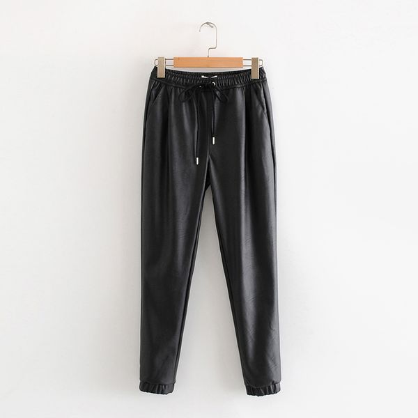 

women black chic pu leather pants elastic waist long length elegant bottoms drawstring tie pockets basic female trousers xs-xl, Black;white