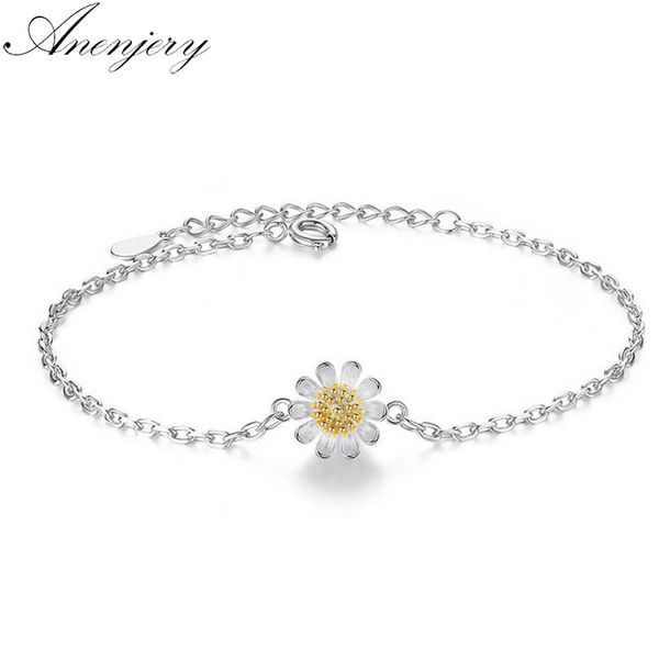 

anenjery classic simple fashion 925 sterling silver sunflower daisy bracelets for women jewelry pulseira feminina s-b146, Black
