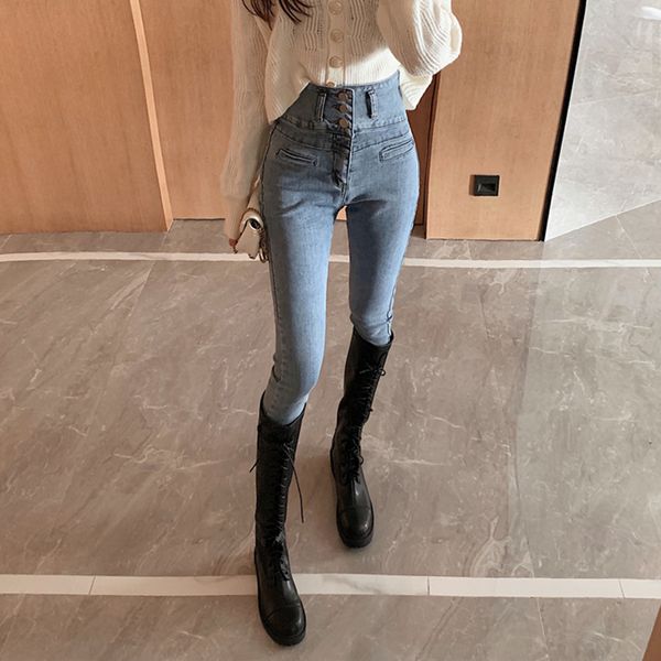 

2020 new spring woman skinny jean balck blue solid three button denim pencil pants female high waist chic fashion jeans ladies
