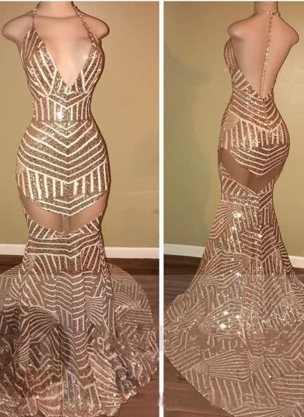 

2019 Newest Sparkly Sequined Prom Dresses Mermaid Sexy Halter Backless Evening Dresses Major Beading Gowns Pageant Wear Vestidos De Noche