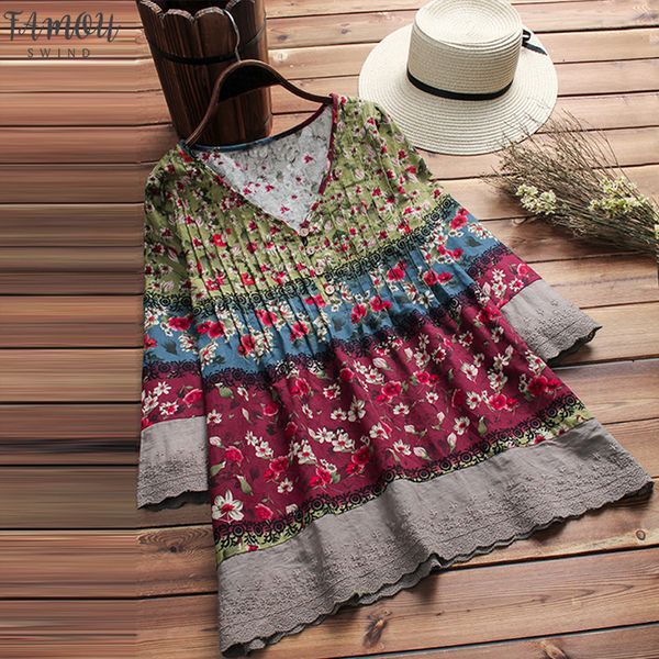 

bohemian print women lace blouse 2020 vintage long sleeve shirts female patchwork floral blusa plus size linen tunic, White