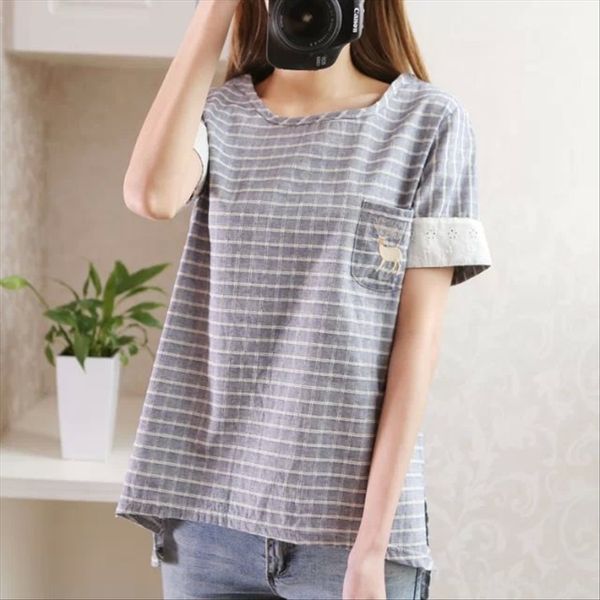 

women's plaid clothing t-shirt clothing pocket cartoon sika deer embroidery short sleeve round collar t-shirt women's style, White