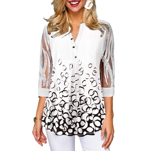 

elegant office lady organza shirt long sleeve women white print summer tshirt femme fashion plus size casual t-shirts 5xl