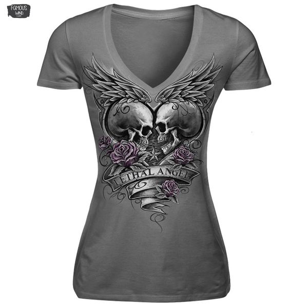 

new fashion women t-shirts female skull printed short sleeve t-shirt v-neck casual tee ladies rose t-shirts, White