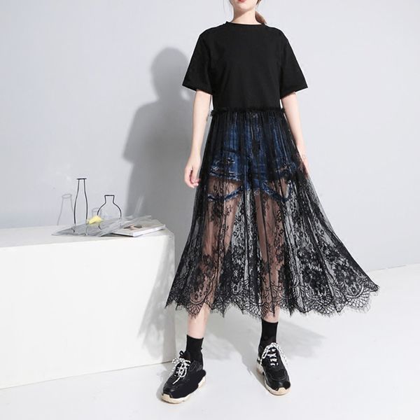 

eam] 2020 весна лето мода новые женщины повседневная свободная рубашка с коротким рукавом lase hem patchowrk o-образным вырезом до середины, Black;pink