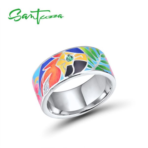

santuzza silver rings for women 925 sterling silver white cz handmade enamel lovely parrot unique ring party fashion jewelry, Golden;silver