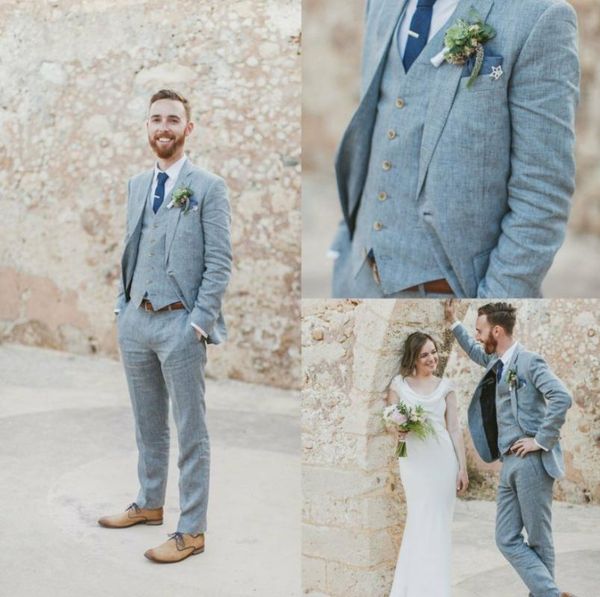 

2020 handsome men's linen+cotton wedding suits groomsman 3 pieces two button blue tuxedos formal groom suits, White;black