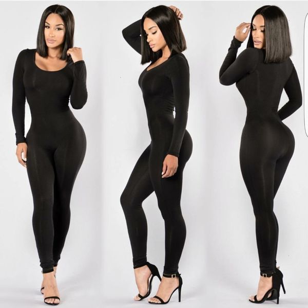

jumpsuit womens sleeve long o neck long pants women jumpsuits 2019 new fashion bodycon jumpsuit black solid colors rompers, Black;white