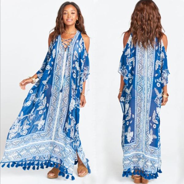 

cover-ups boho print beach cover-up plus size chiffon maxi dress lace up sarong tunic mujer kaftan tassel women wear