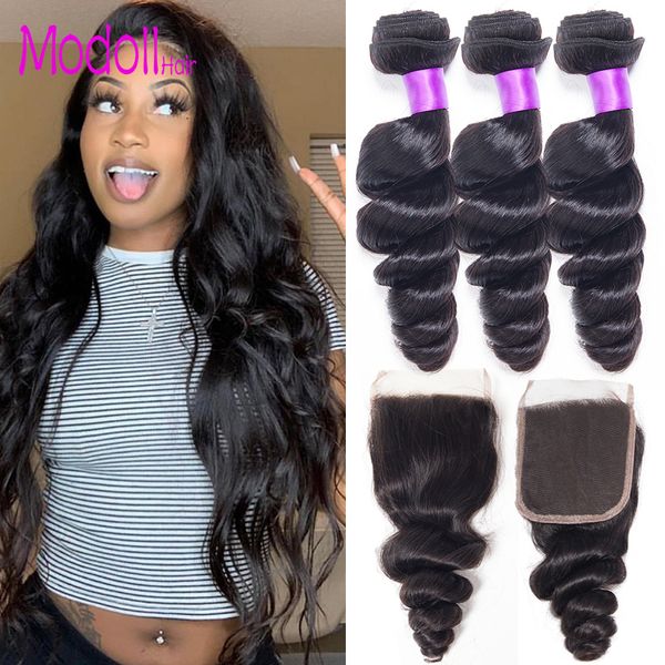 

malaysian loose wave virgin hair 3/4 bundles with closure 100% human remy hair weave bundles with baby hair closure, Black;brown