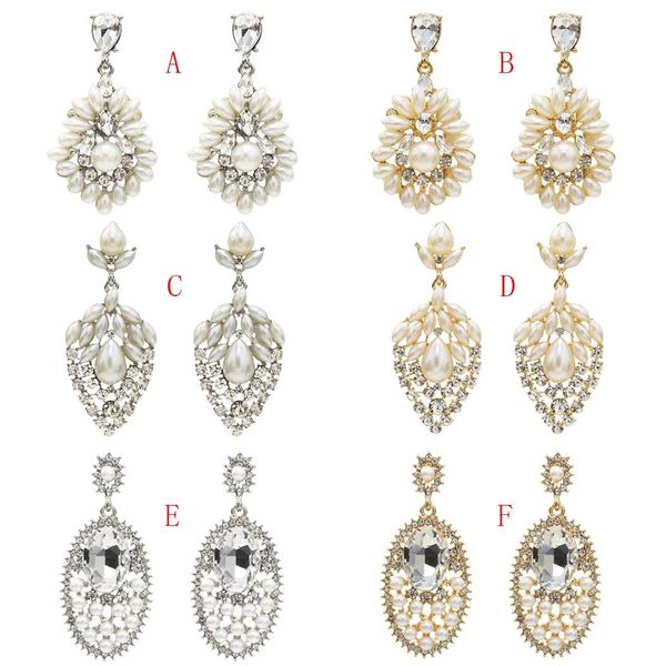 

elegant flower pearl crystal rhinestone drop earrings bridal gold silver metal wedding rhinestone earring party jewelry, Golden