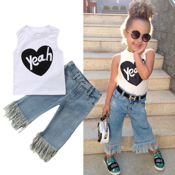 

2pcs kids baby girls 6m-5y sleeveless jeans denim pants outfits set clothes mon, White
