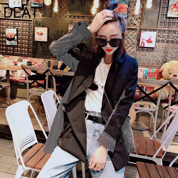 

deat] 2019 new spring summer lapel long spliced sleeve striped brief temperament long jacket women coat fashion tide jz553, Black;brown