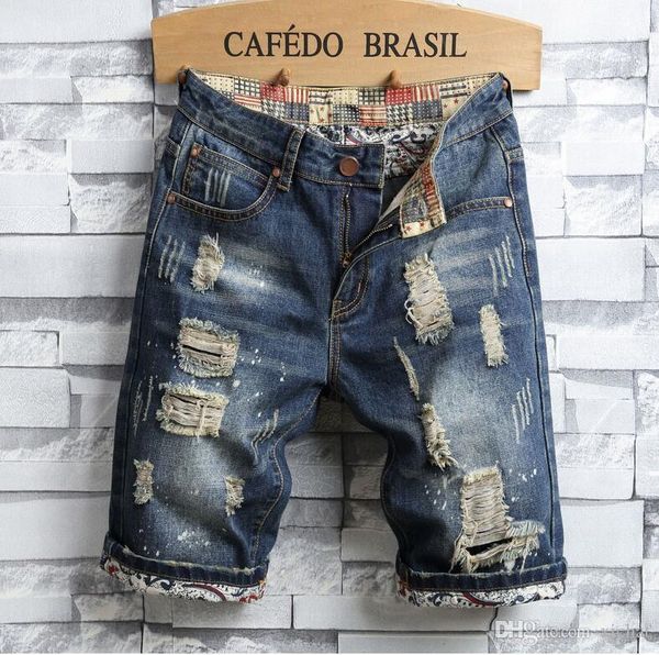 

unique mens ripped denim shorts vintage fashion designer washed knee length jeans 2019 scratched hip hop short pants trousers 779, Blue