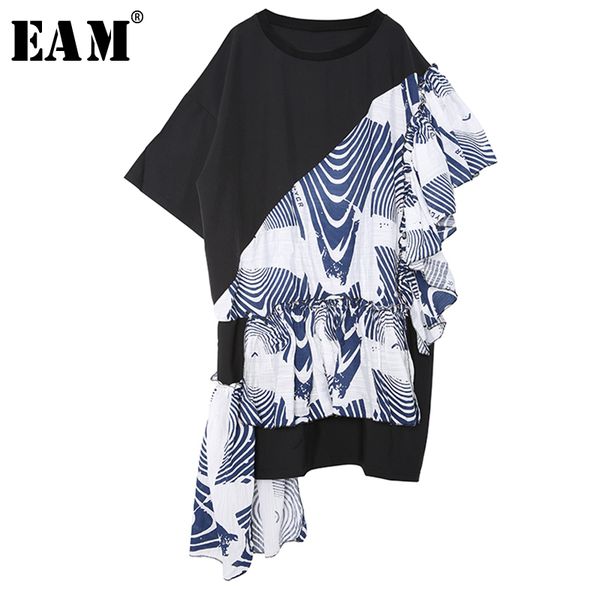 

eam] 2019 new spring summer round neck three-quarter sleeve black striped irregular stitch big size dress women fashion ju60, Black;gray