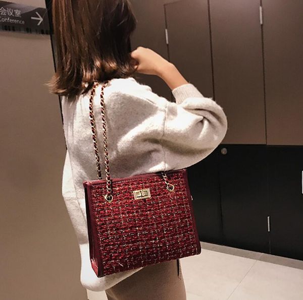 

winter fashion new ladies big tote bag quality woolen women's designer handbag lock chain shoulder messenger bags large capacity/3