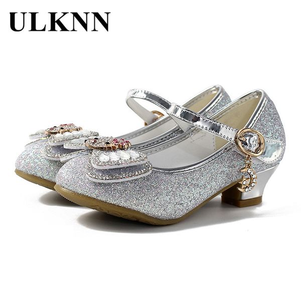 

ulknn children princess shoes for girls elegant butterfly knot high heel kids party shoes dress rubber pu wedding sandals dance, Black;grey