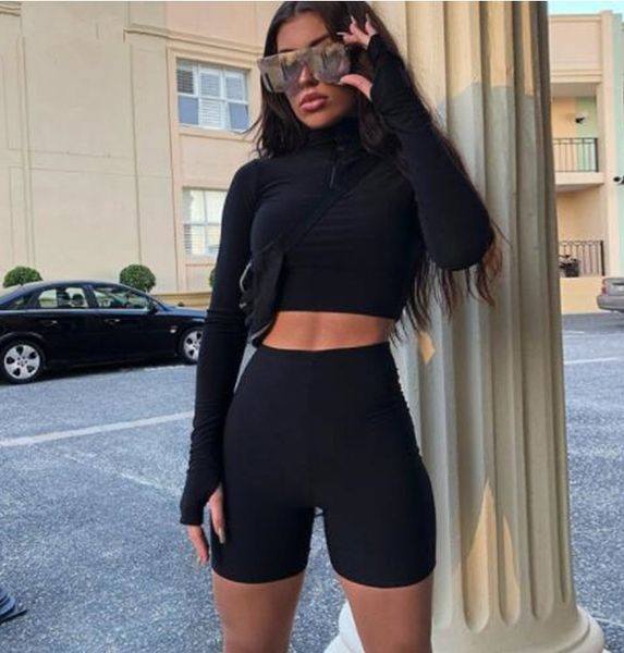 

women's casual long sleeve slim sweasuit and shorts ladies 2 piece set trackshuit black color crop and pants, Gray