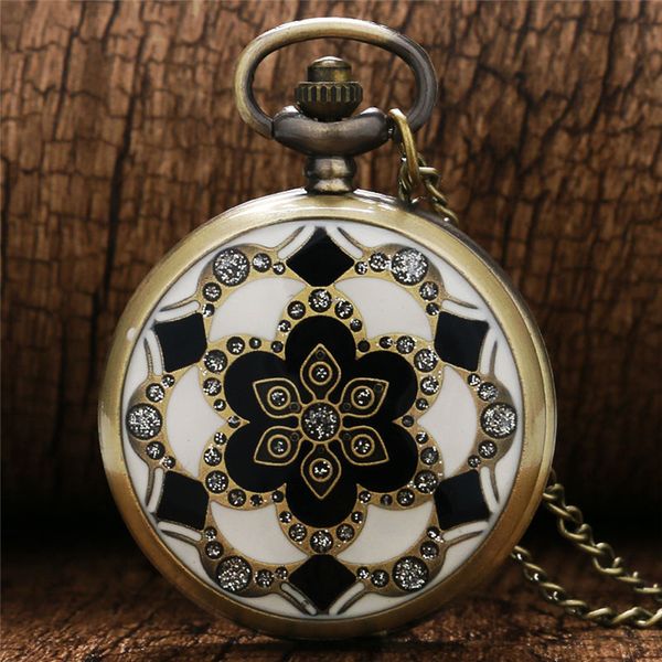 

vintage bronze copper white jade flower crystal quartz pocket watch women watches necklace chain birthday gifts lovely clock, Slivery;golden