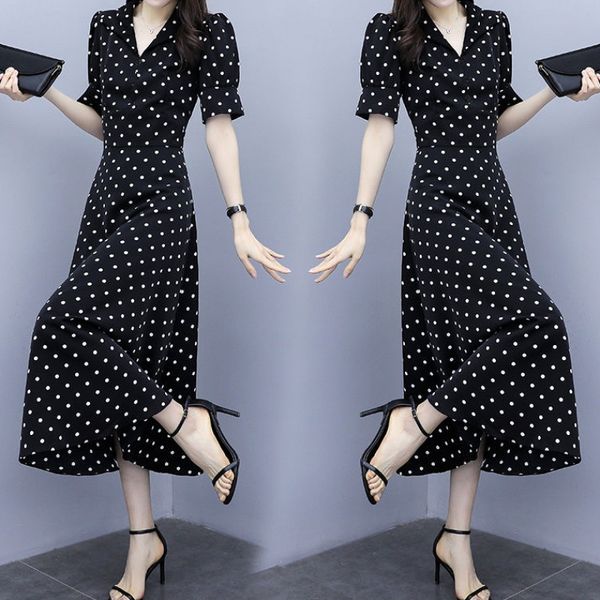 

polka dot dress women's 2020 summer new style korean-style slim fit slimming large size cover belly over-the-knee elegant long s, Black;white