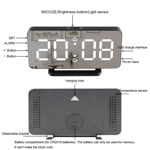 

mirror digital alarm clock led electronic temperature wall table snooze clocks usb multifunction watch nightlight home office