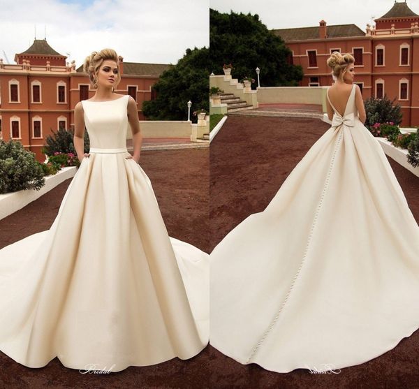 

новые элегантные атласные пляжные свадебные платья с карманами backless bow boho beach a line backless wedding dress свадебные платья vestid, White