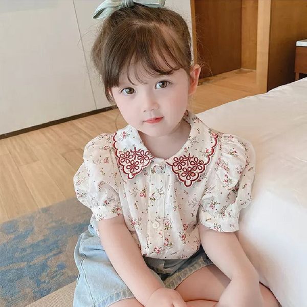 

shirts dfxd girl clothes summer baby blouse fashion floral embroidery puff sleeve princess kids cotton clothing, White;black