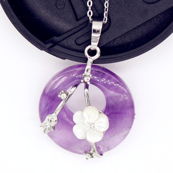 

100-unique 1 pcs silver plated round hollow with flower natural amethysts pendant link chain necklace vintage jewelry