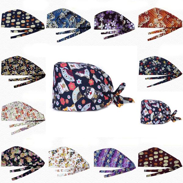 Desenhos animados Floral Mulheres Scrub Cap Impressão de prova de poeira Hat Men Working gorro ajustáveis ​​Cabelo armazenamento Chapéus 13 estilos