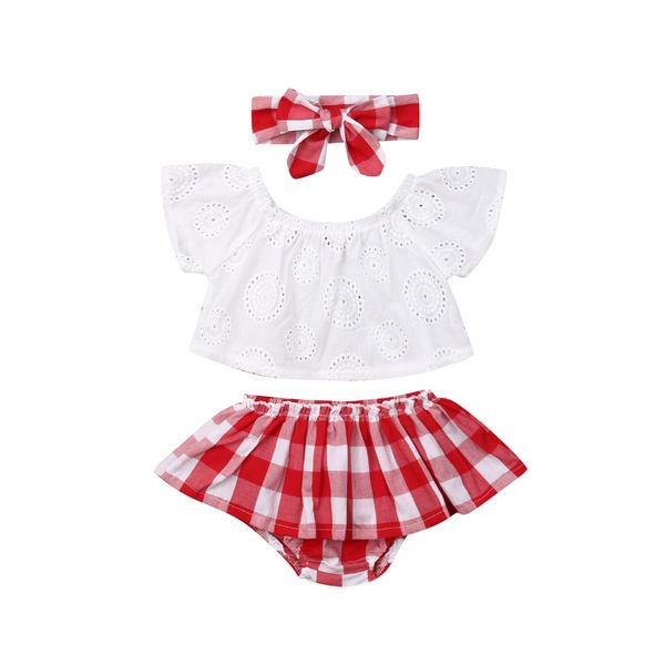 

cute newborn baby infant toddler girl 3pcs off shoulder + plaid mini skirt + headband outfits sets baby casual clothes, White