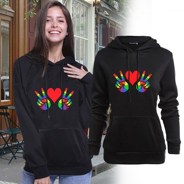 

long sleeve casual clothes lgbt women designer pollover hoodies rainbow colors victory sign printed womens clothing, Black