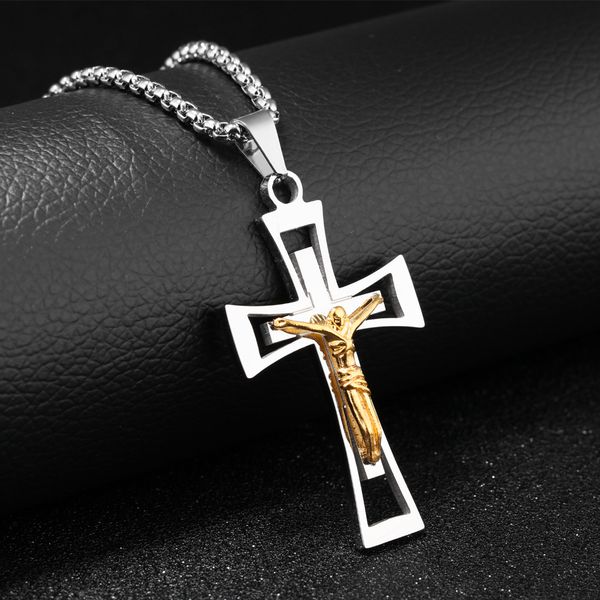 

18k gold plated jesus cross pendants necklace jewelry 316l stainless steel necklace men women religious jewelry, Silver