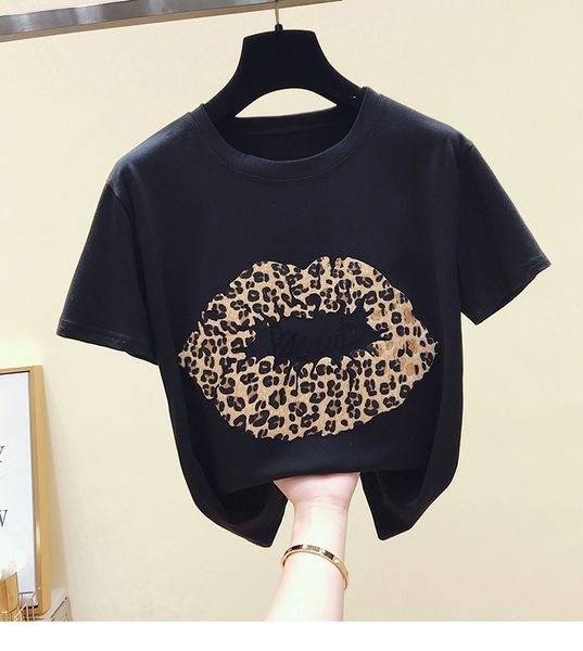 

2019 summer fashion women casual short sleeves leopard print o neck cotton t-shirt students pullover tee a856, White