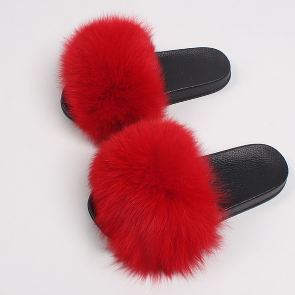 

ethel anderson plush fox slides women summer slippers beach fluffy 100% real raccoon fur flip flops sandals shoes d08, Black