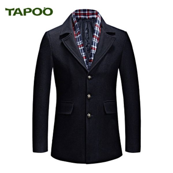 

tapoo male winter high-grade warmth slim fit cashmere coat/men pure color lapel casual jackerench coat, Black