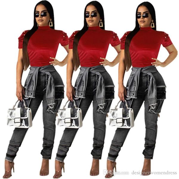 

womens designer t shirts summer lively style wine red color mock neck puff sleeved pearl t shirts womens fashion tees, White