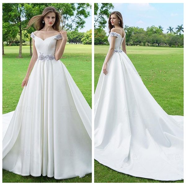 

junoesque a-line wedding dresses v neck off shoulder lace up 3d-floral appliques cathedral train satin wedding gowns vestido de noiva, White