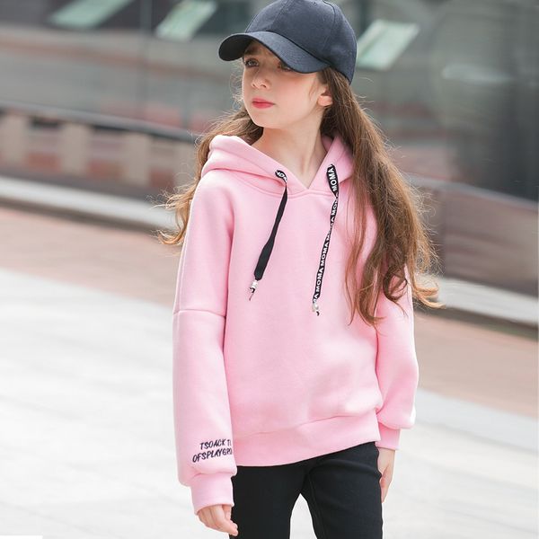 

6 7 8 9 10 11 12 13 14 15 16 years old teenage girl hoodies winter candy color sweatshirt sweater with fleece hooded kid clothes, Black