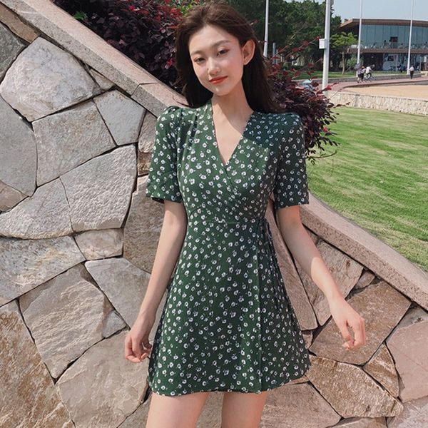 

women floral chiffon dress summer v-neck short sleeve vintage a-line dress casual slim green beach vestidos, Black;gray